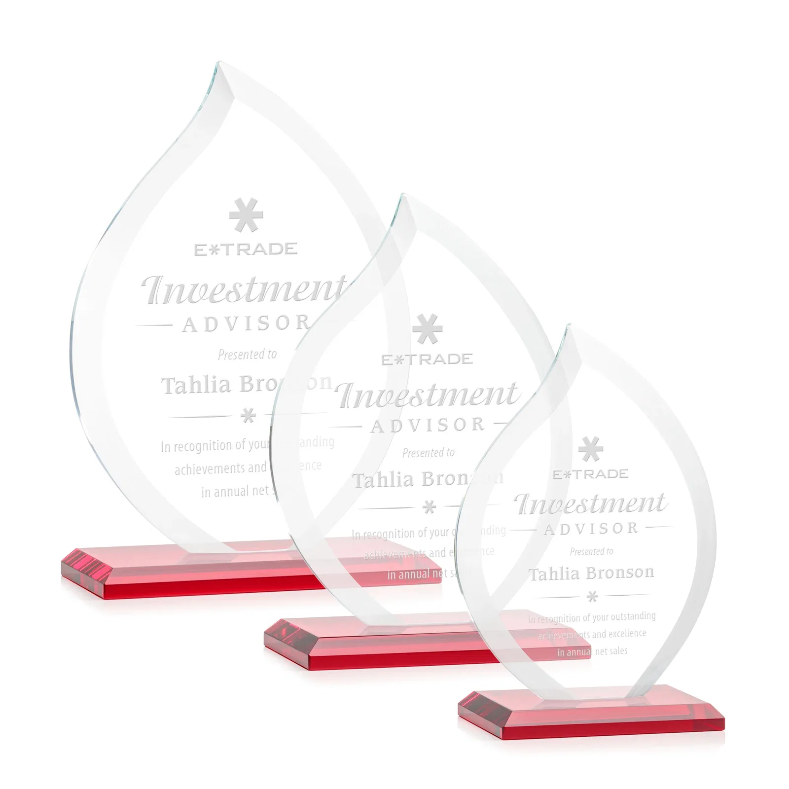 Promotional Jade Glass Flame Award, 1/2-Inch Thick, Vertical-Flow Artwork for retirement presentations