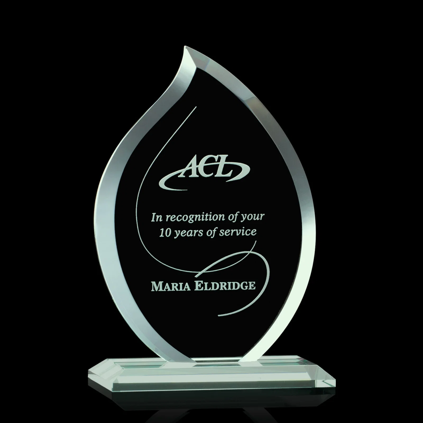 Custom Jade Glass Flame Award, 1/2-Inch Thick, Vertical-Flow Artwork for service anniversary gifts