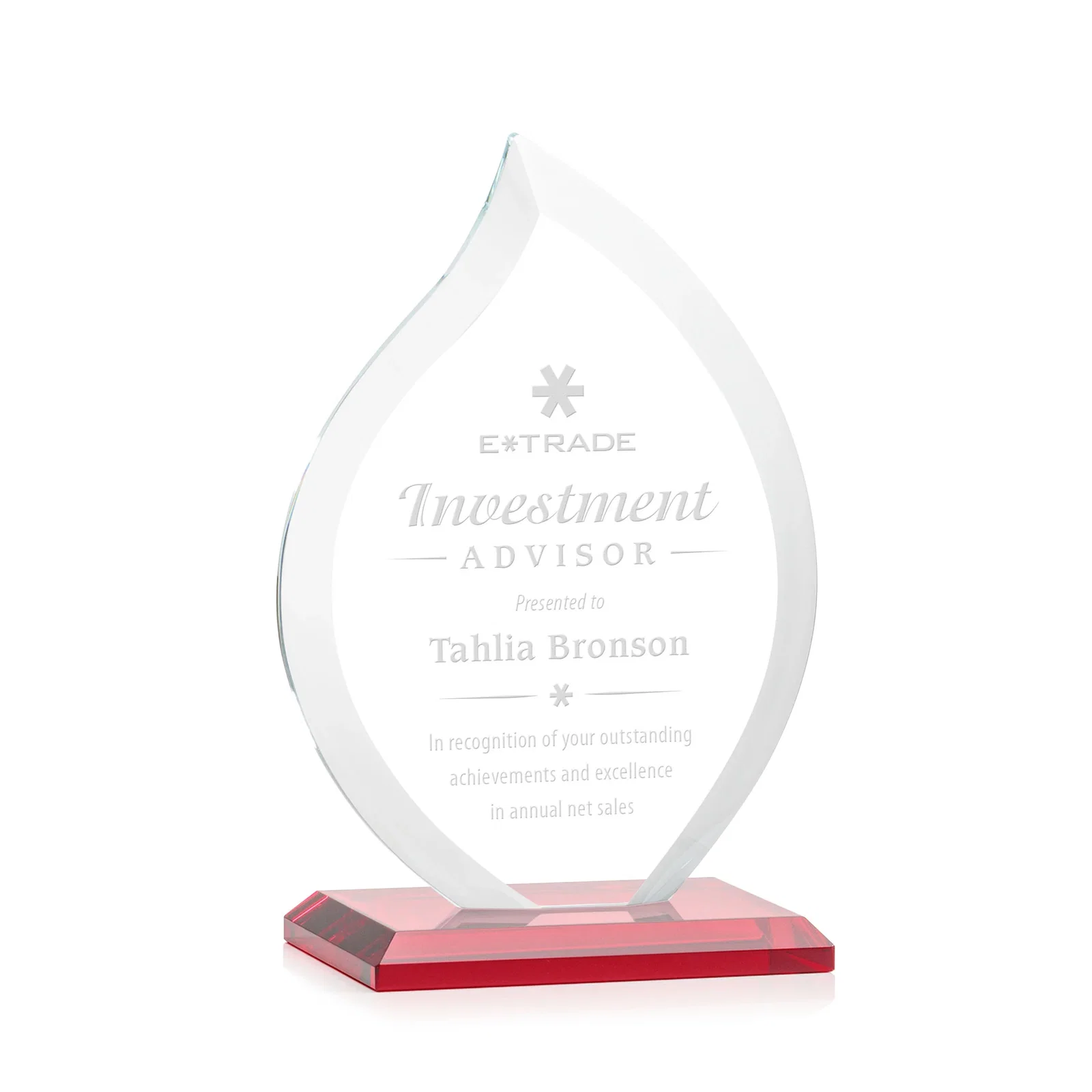 Promotional Jade Glass Flame Award, 1/2-Inch Thick, Vertical-Flow Artwork for team milestone celebrations