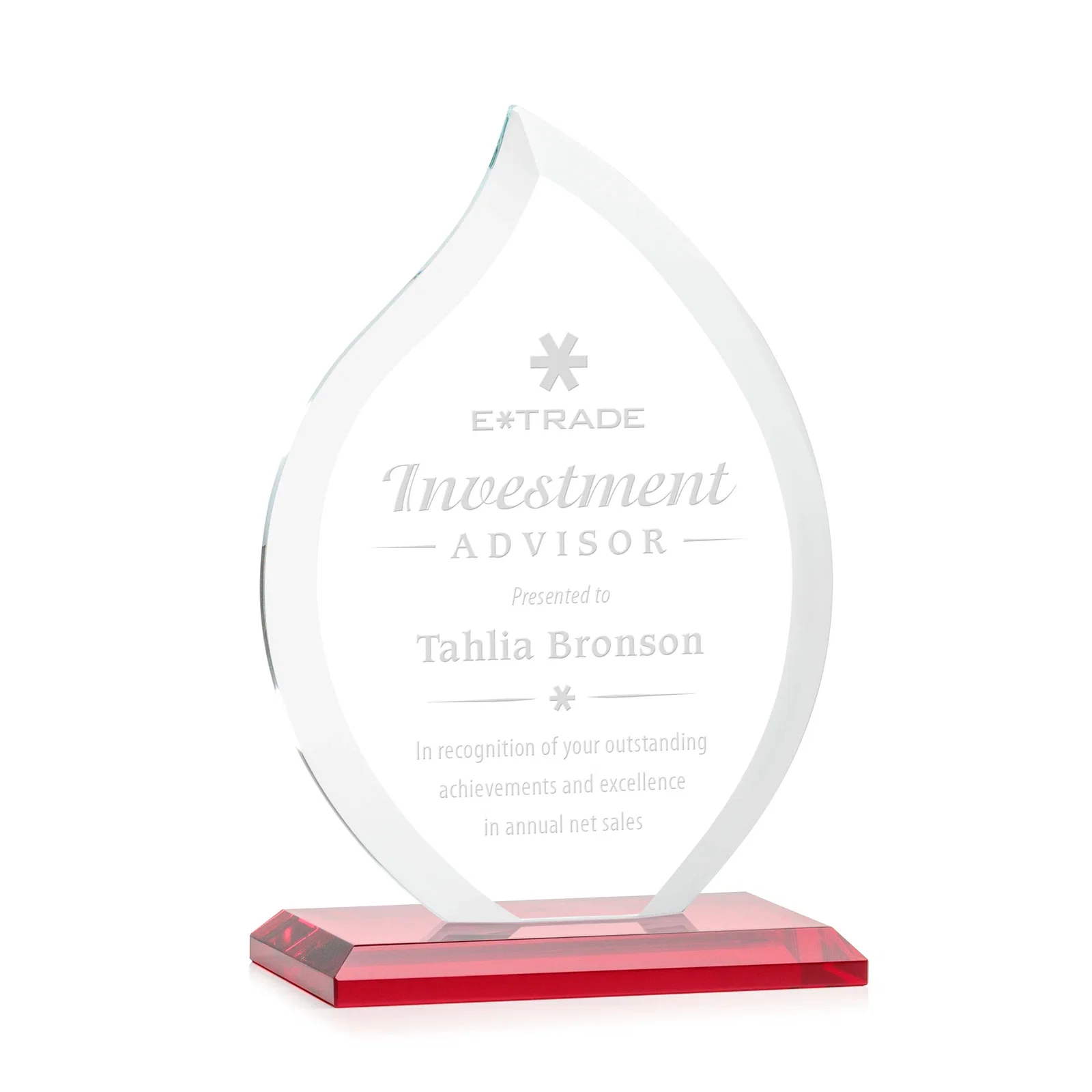 Promotional Jade Glass Flame Award, 1/2-Inch Thick, Vertical-Flow Artwork for donor appreciation