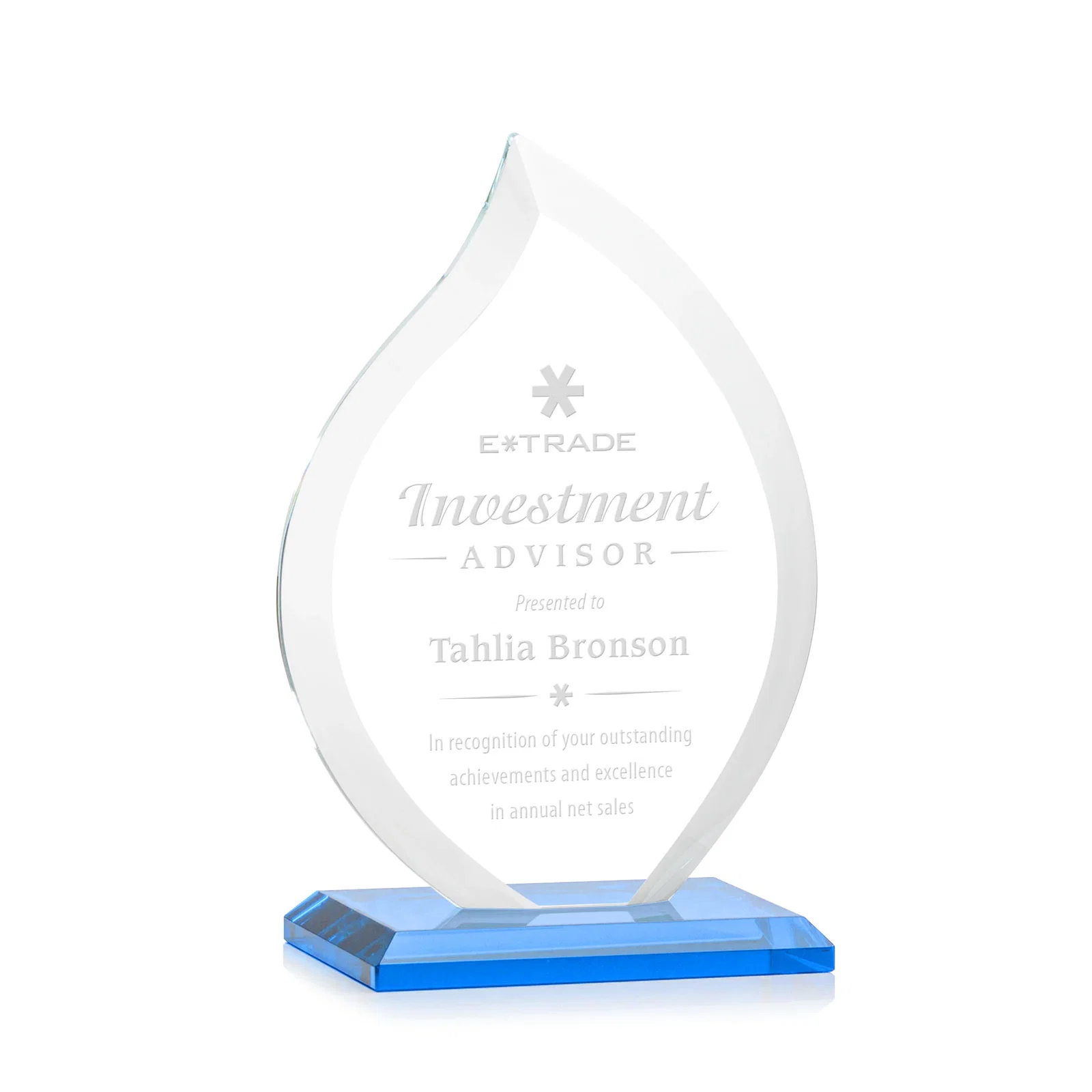 Promotional Jade Glass Flame Award, 1/2-Inch Thick, Vertical-Flow Artwork for volunteer appreciation