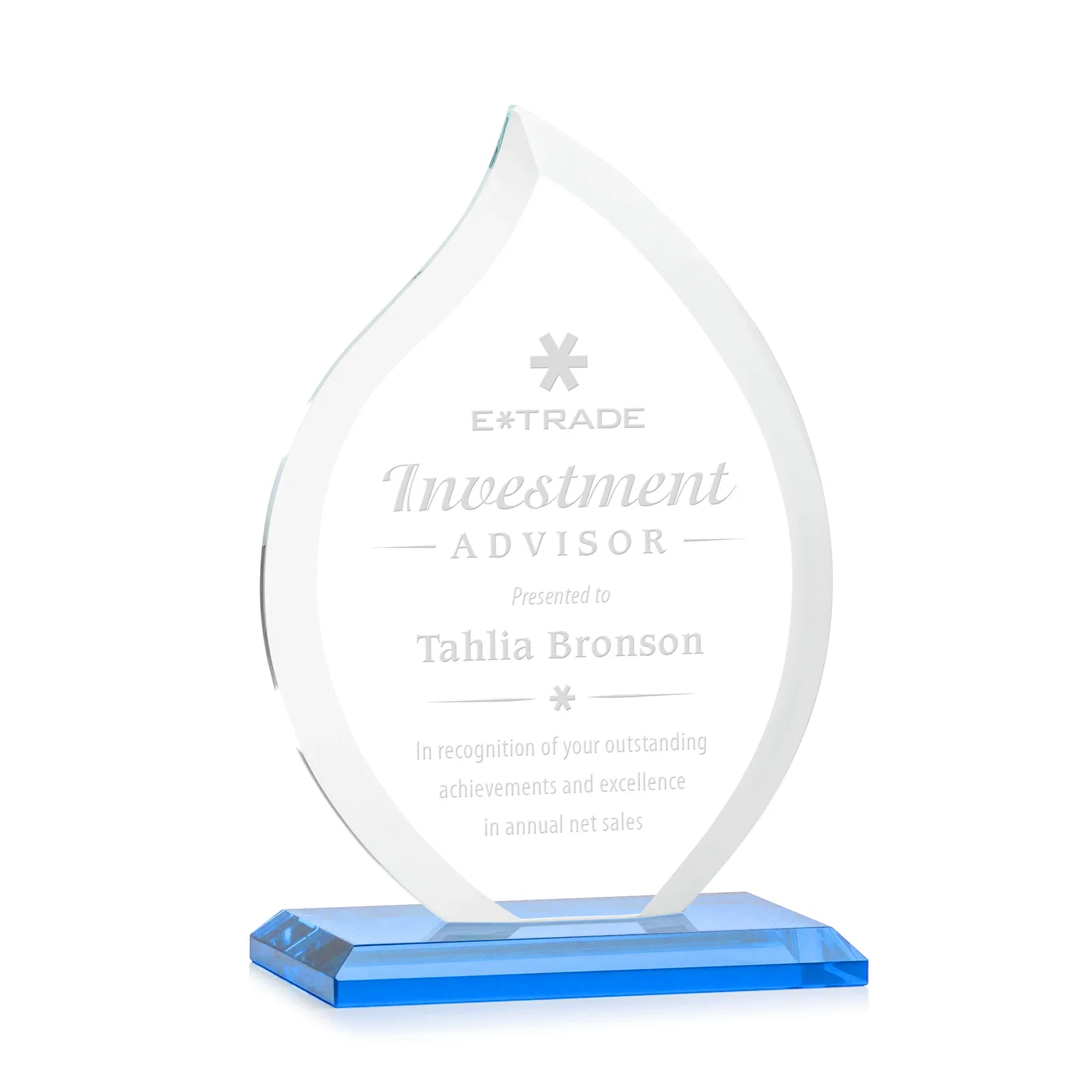Promotional Jade Glass Flame Award, 1/2-Inch Thick, Vertical-Flow Artwork for dealer and partner awards