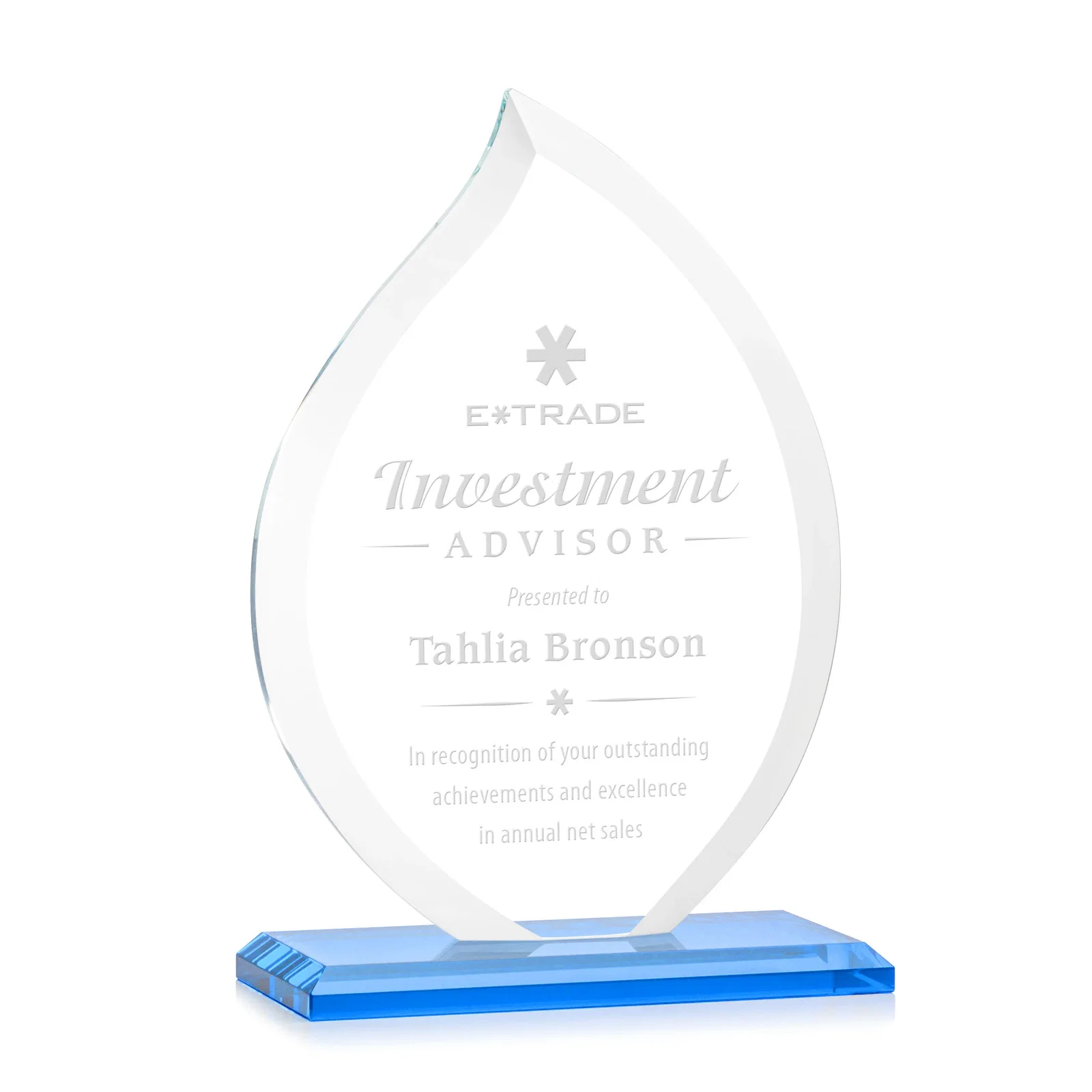 Promotional Jade Glass Flame Award, 1/2-Inch Thick, Vertical-Flow Artwork for company anniversary events