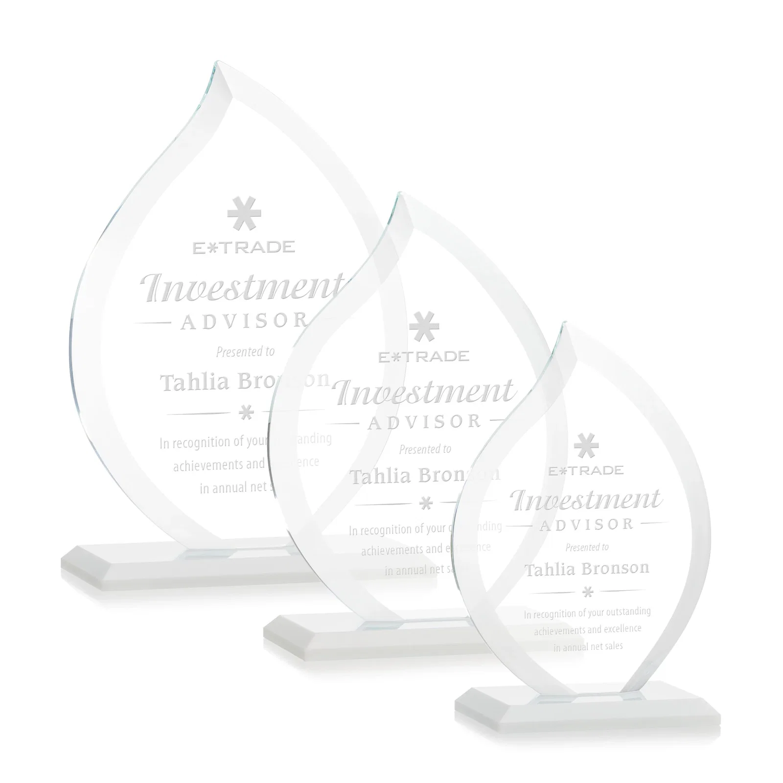 Branded Jade Glass Flame Award, 1/2-Inch Thick, Vertical-Flow Artwork for employee recognition