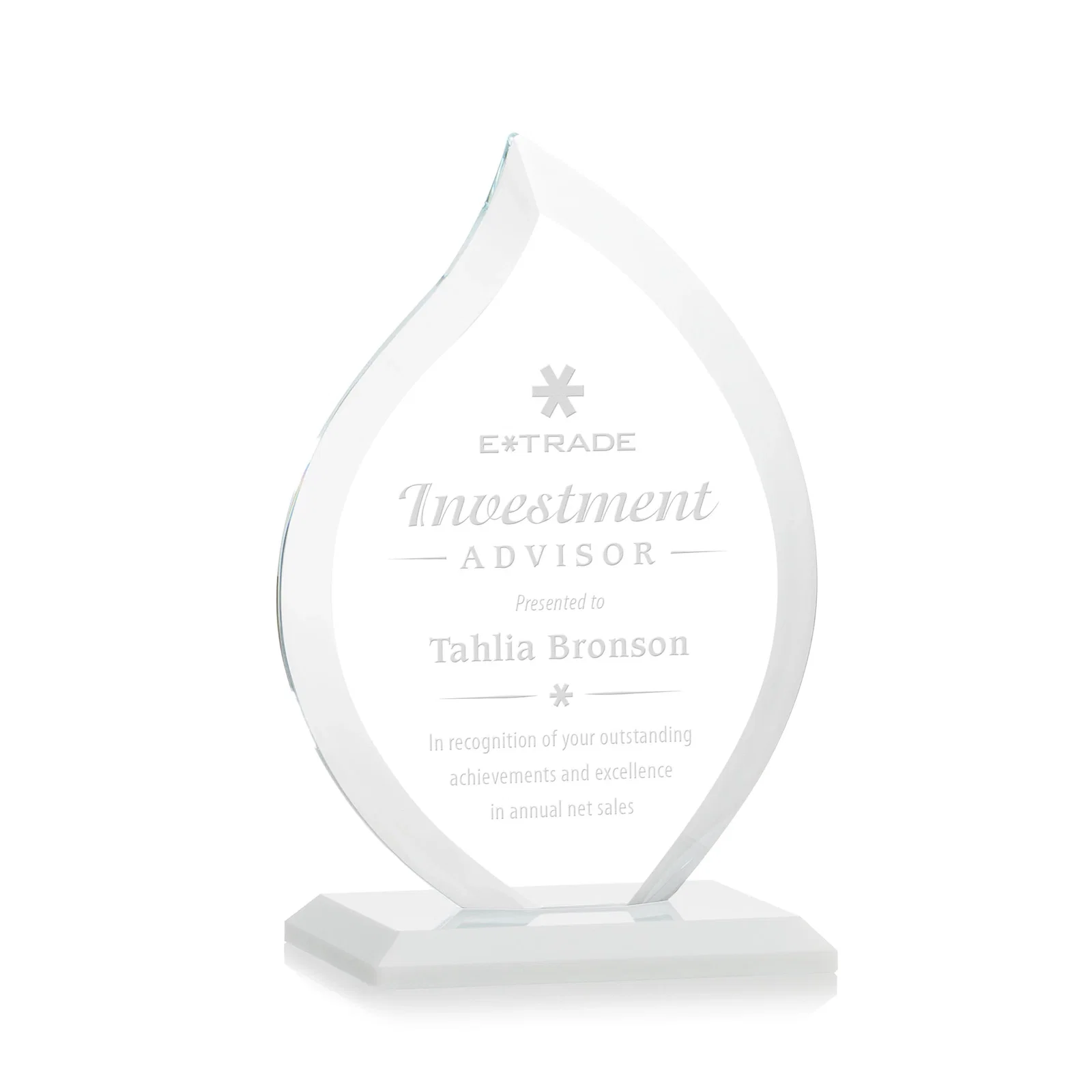 Branded Jade Glass Flame Award, 1/2-Inch Thick, Vertical-Flow Artwork for corporate award ceremonies