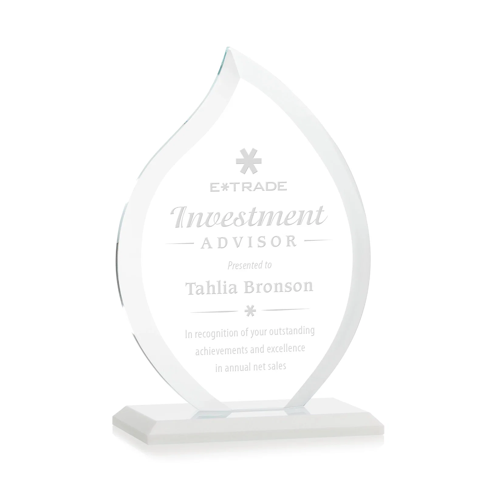 Branded Jade Glass Flame Award, 1/2-Inch Thick, Vertical-Flow Artwork for service anniversary gifts