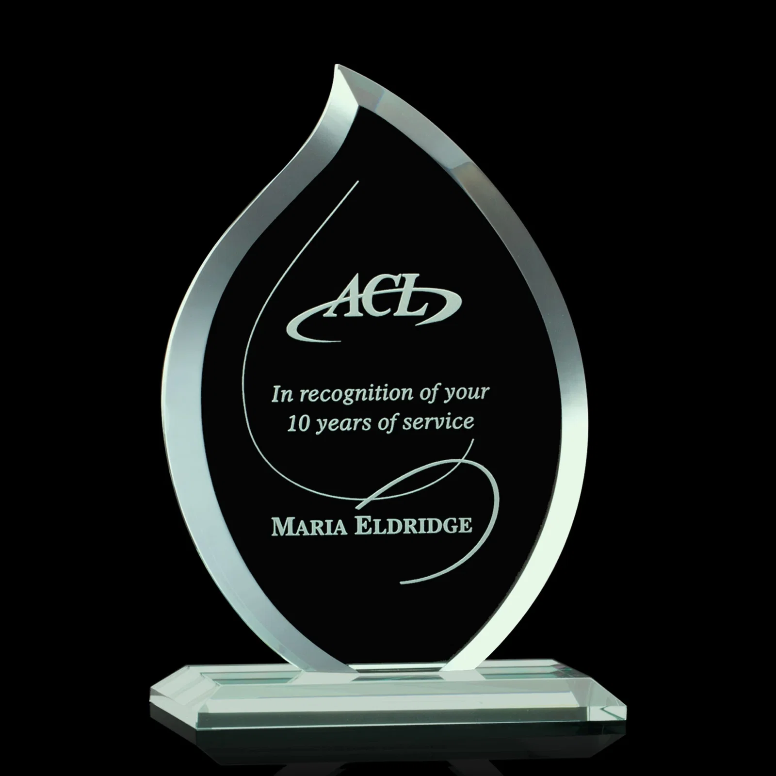 Custom Jade Glass Flame Award, 1/2-Inch Thick, Vertical-Flow Artwork for sales achievement awards