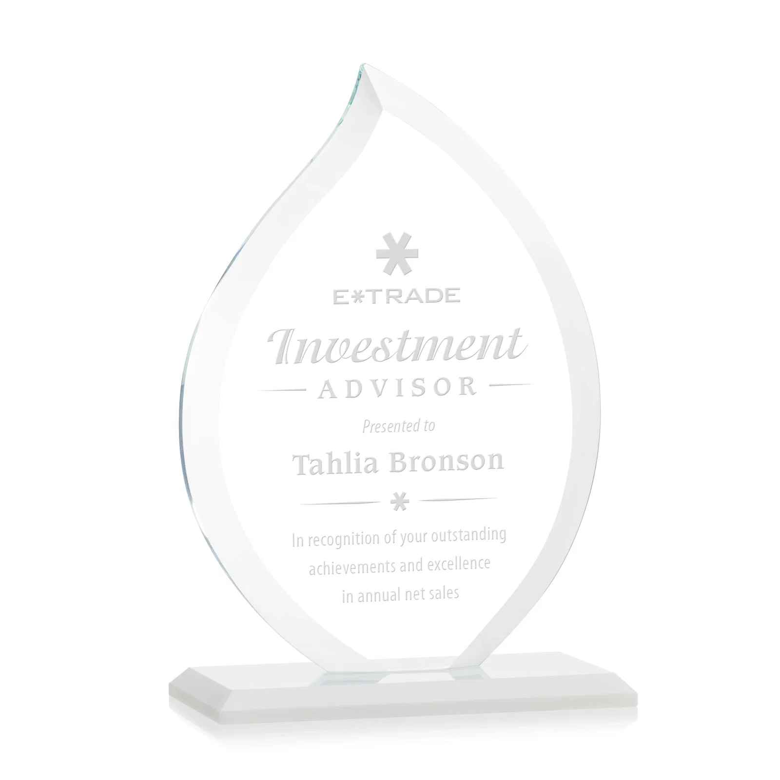 Branded Jade Glass Flame Award, 1/2-Inch Thick, Vertical-Flow Artwork for sales achievement awards