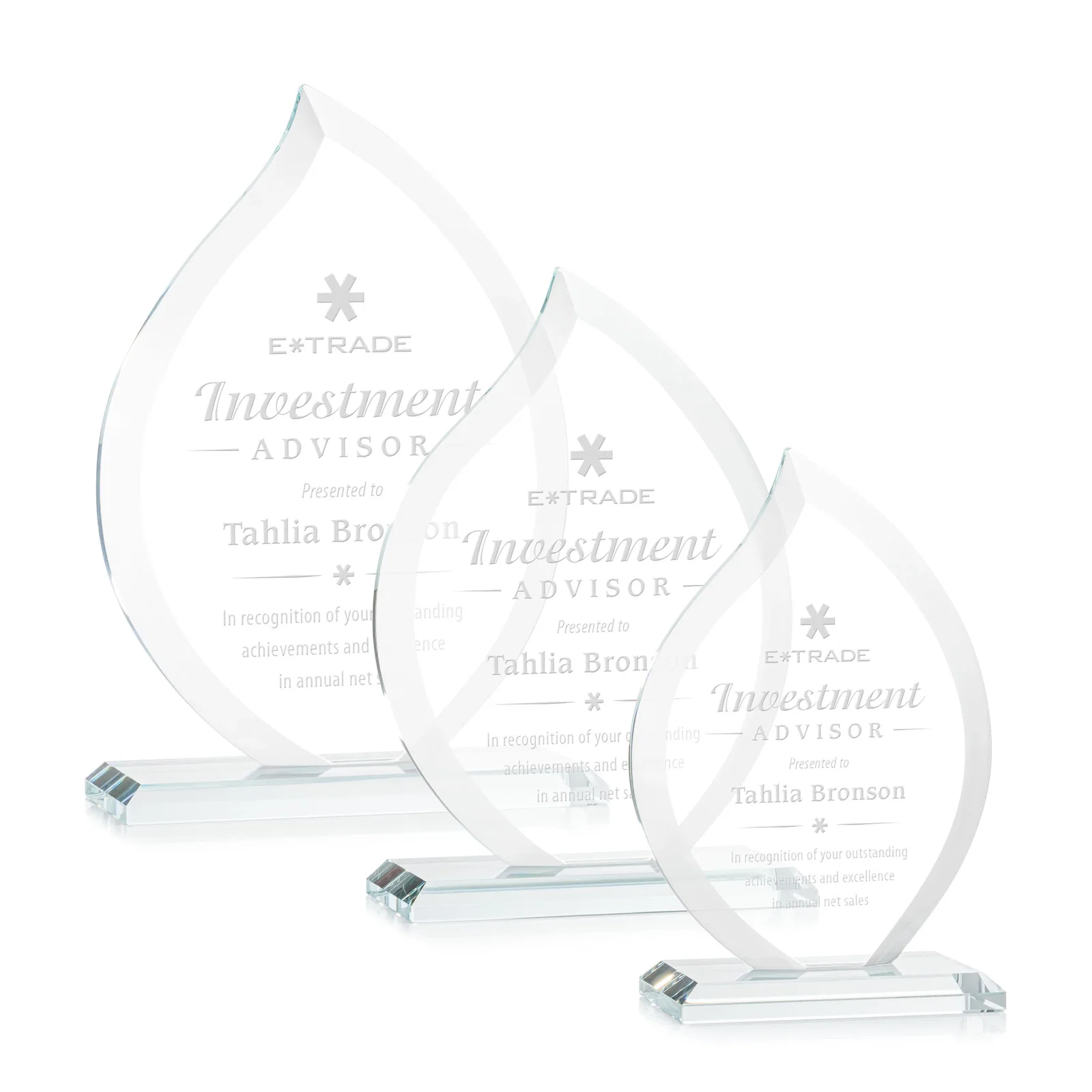 Custom Jade Glass Flame Award, 1/2-Inch Thick, Vertical-Flow Artwork for retirement presentations