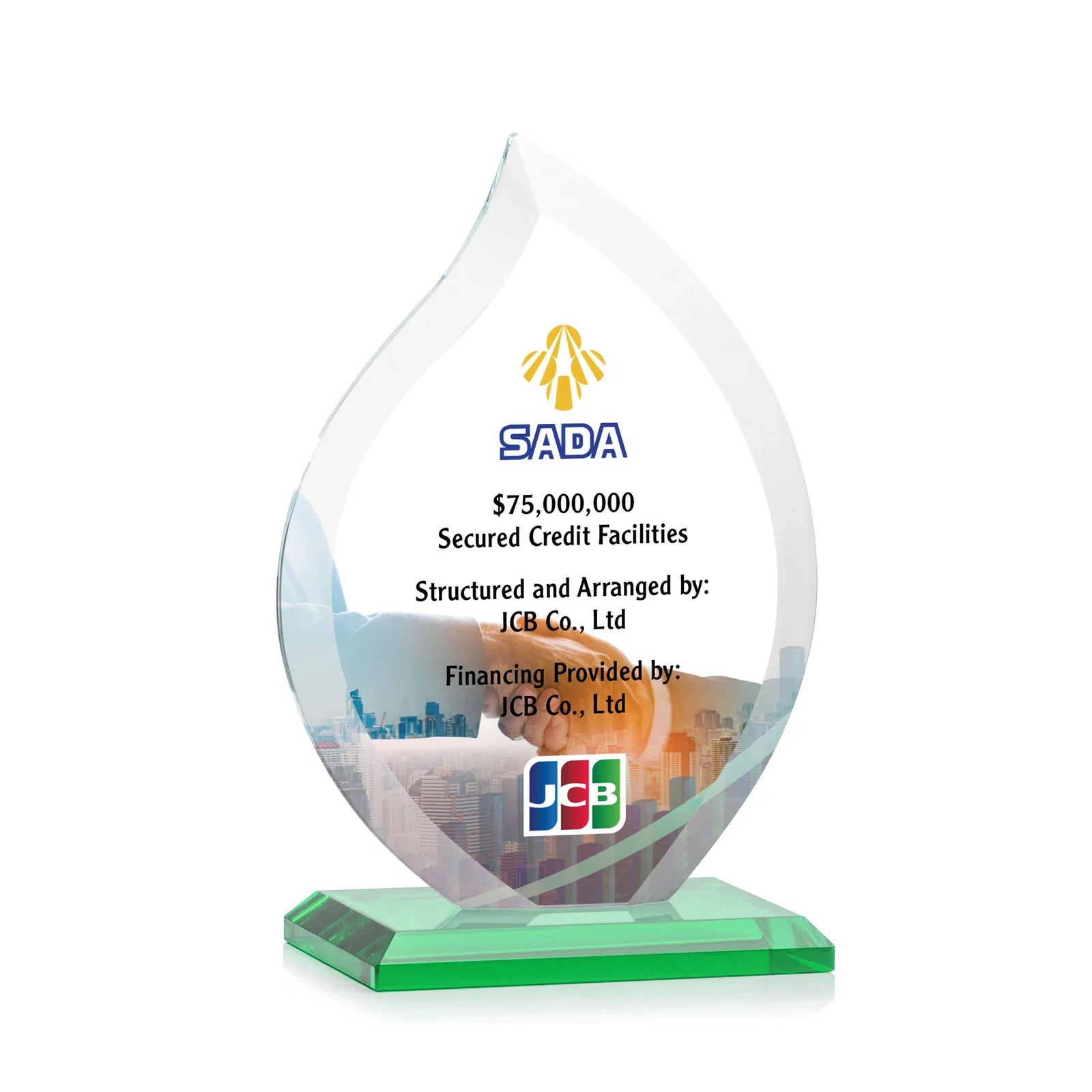 Custom printed Jade Glass Flame Award, 1/2-Inch Thick, Vertical-Flow Artwork for corporate award ceremonies