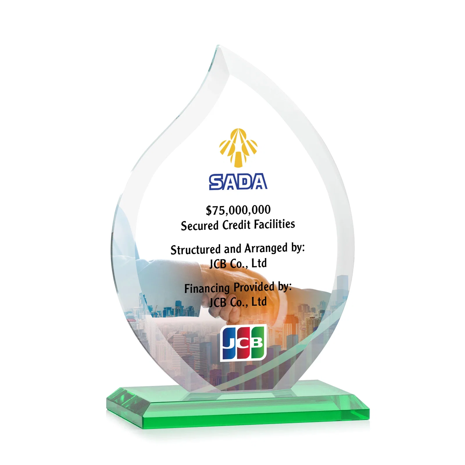 Custom printed Jade Glass Flame Award, 1/2-Inch Thick, Vertical-Flow Artwork for service anniversary gifts