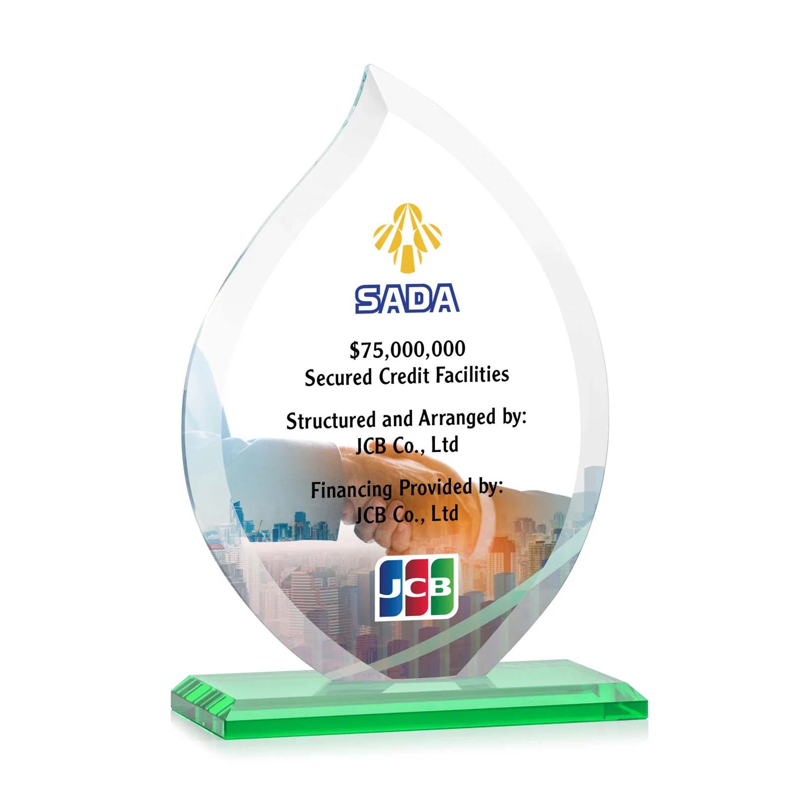 Custom printed Jade Glass Flame Award, 1/2-Inch Thick, Vertical-Flow Artwork for sales achievement awards