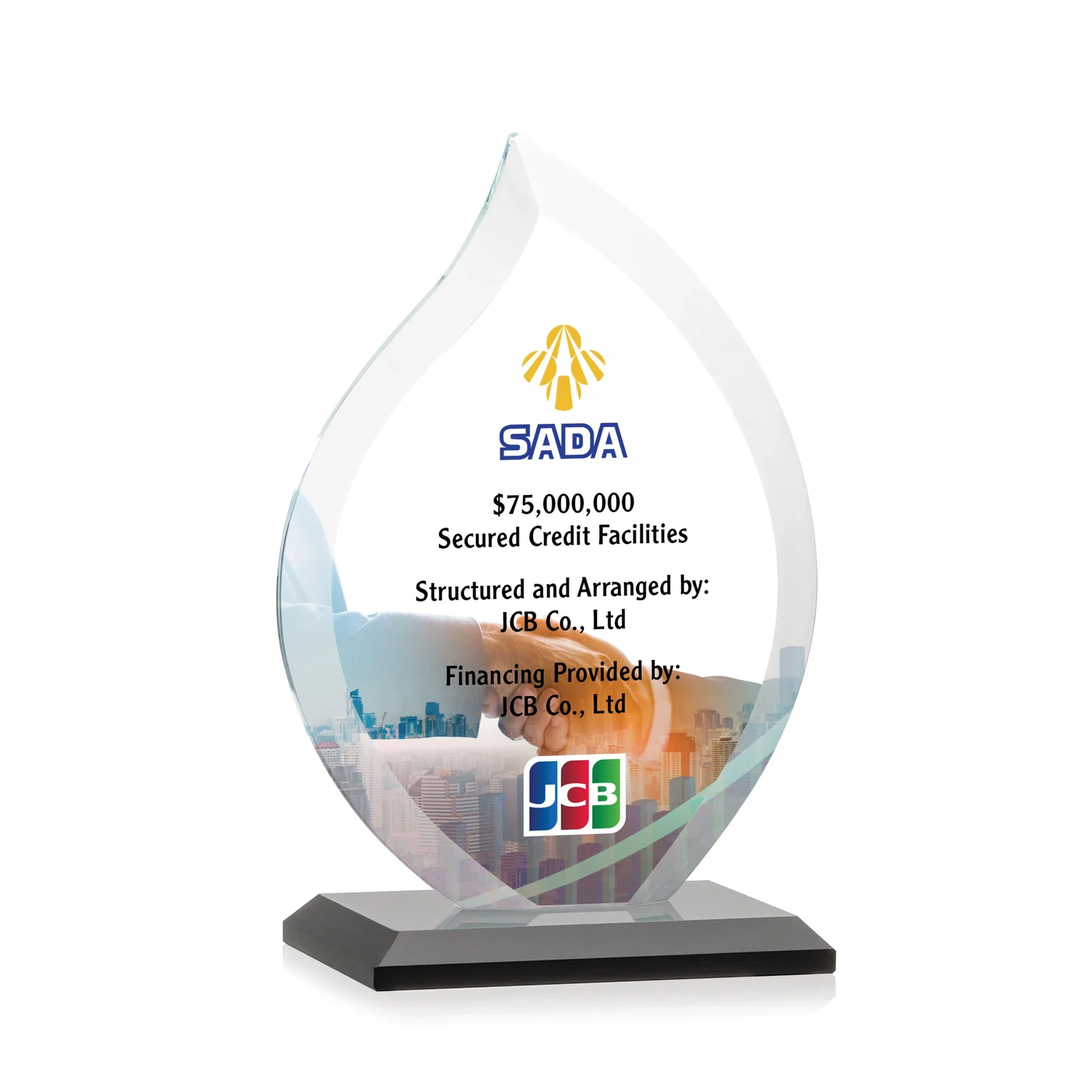 Custom printed Jade Glass Flame Award, 1/2-Inch Thick, Vertical-Flow Artwork for team milestone celebrations