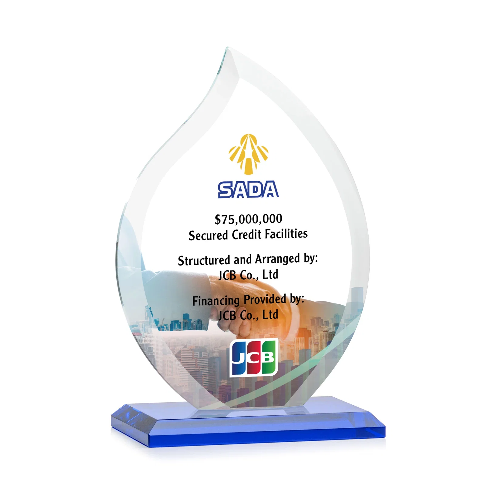 Custom printed Jade Glass Flame Award, 1/2-Inch Thick, Vertical-Flow Artwork for dealer and partner awards