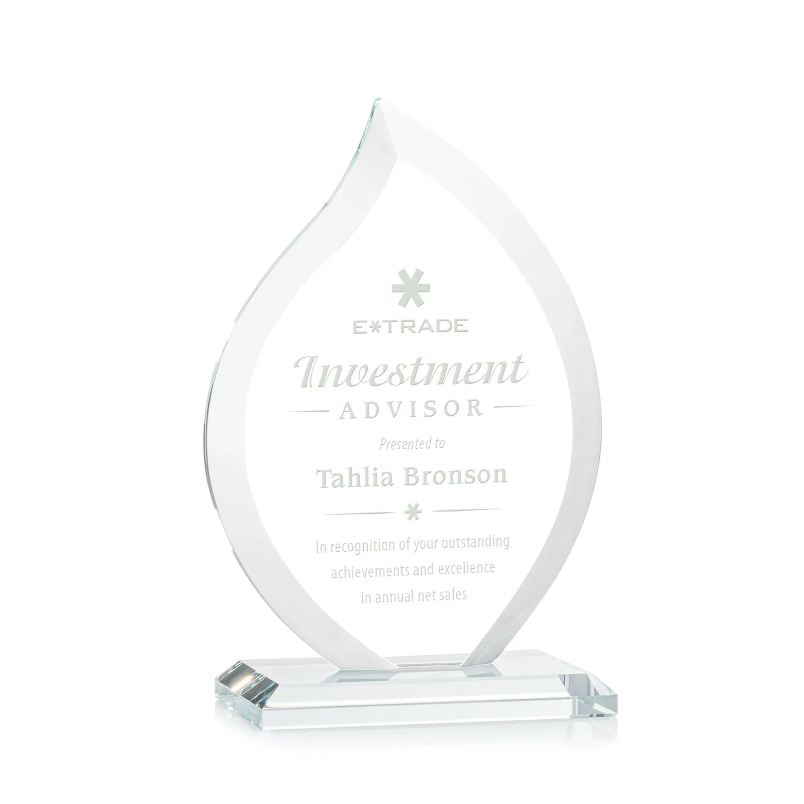 Custom Jade Glass Flame Award, 1/2-Inch Thick, Vertical-Flow Artwork for team milestone celebrations