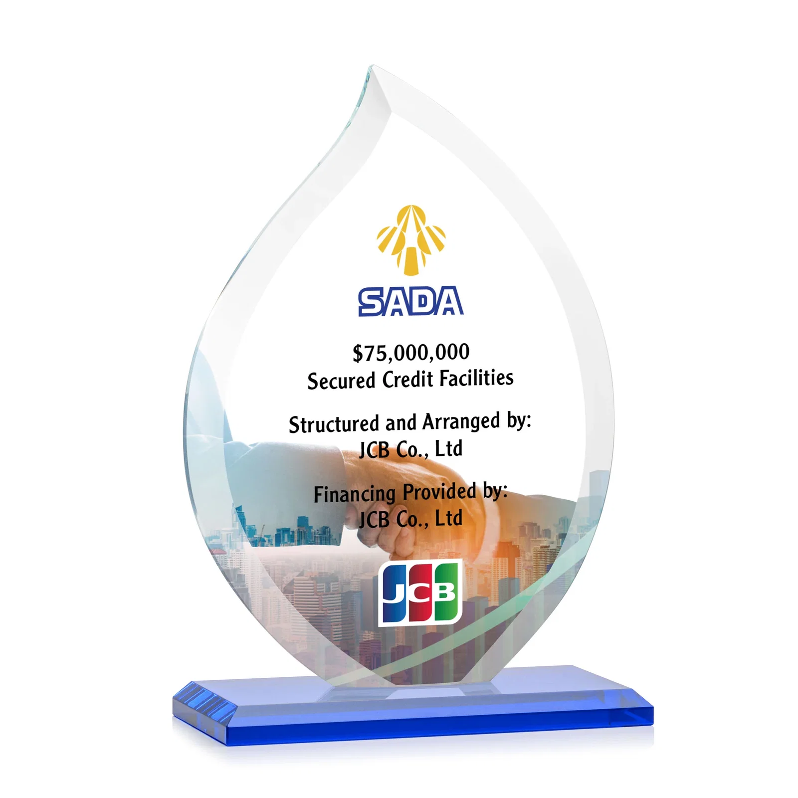 Custom printed Jade Glass Flame Award, 1/2-Inch Thick, Vertical-Flow Artwork for company anniversary events