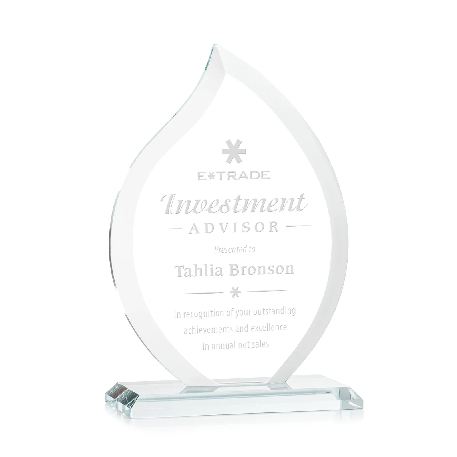 Custom Jade Glass Flame Award, 1/2-Inch Thick, Vertical-Flow Artwork for donor appreciation