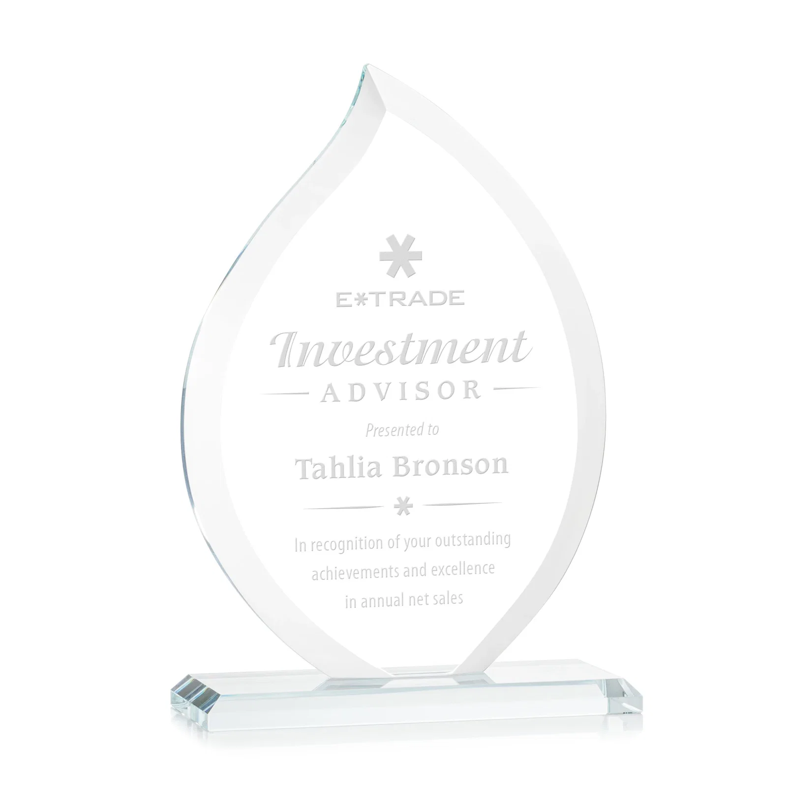 Custom Jade Glass Flame Award, 1/2-Inch Thick, Vertical-Flow Artwork for graduation ceremonies