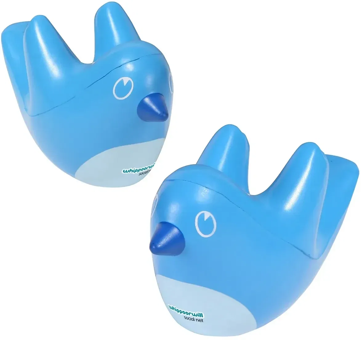 Branded Networking Bird Stress Reliever squeeze toy, side view showing the logo imprint area