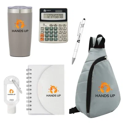 New hire kit with a backpack, tumbler and desk extras