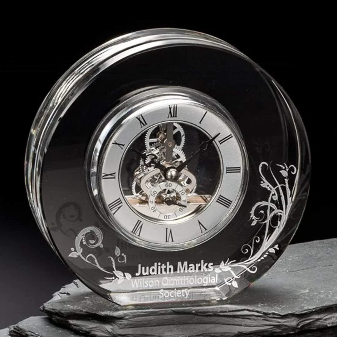 Custom Optical Crystal Round Mantle Clock With Silver Skeleton Movement for employee recognition