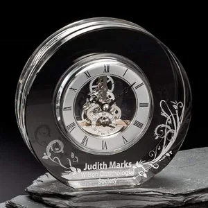Optical Crystal Round Mantle Clock With Silver Skeleton Movement