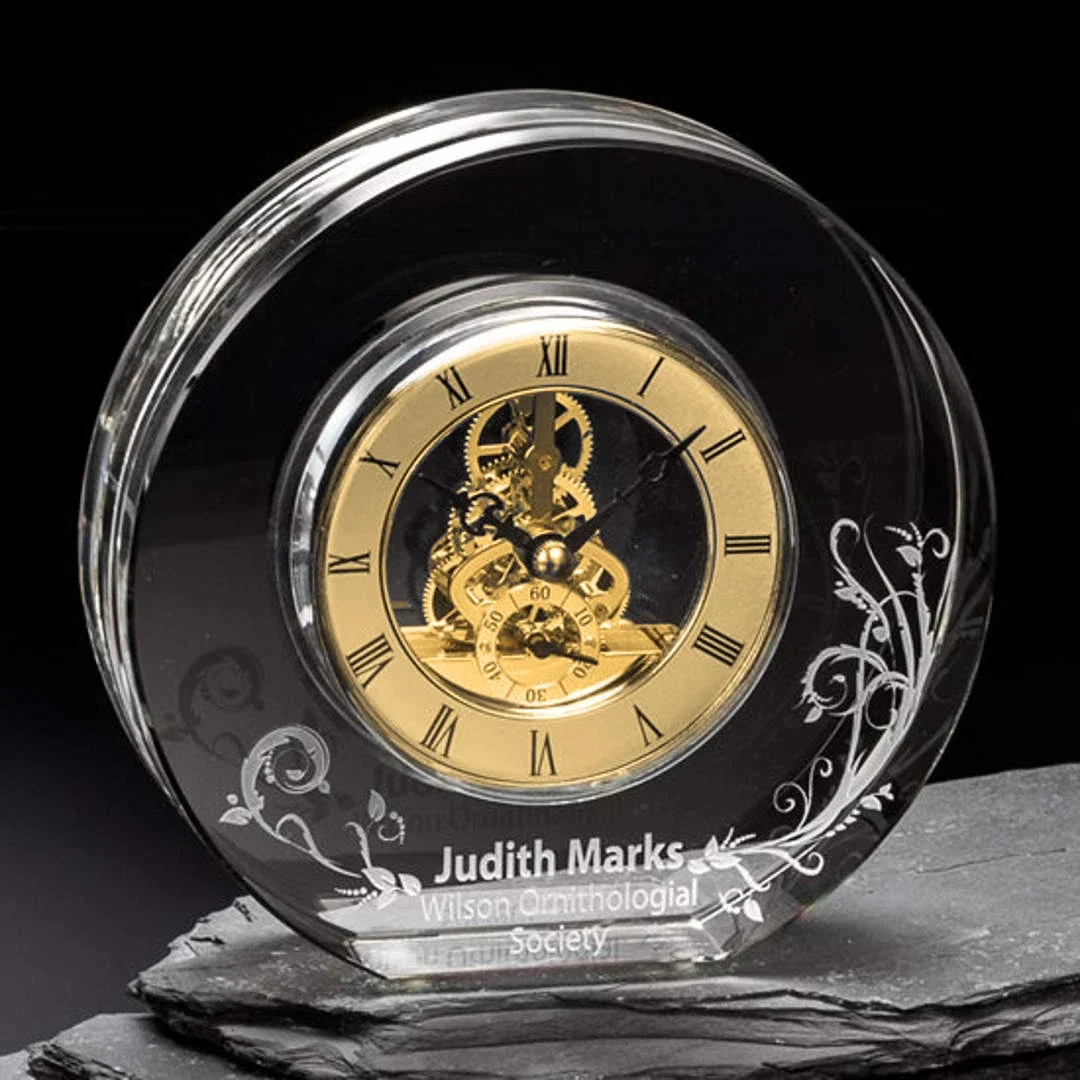 Custom Optical Crystal Round Mantle Clock With Silver Skeleton Movement for corporate award ceremonies
