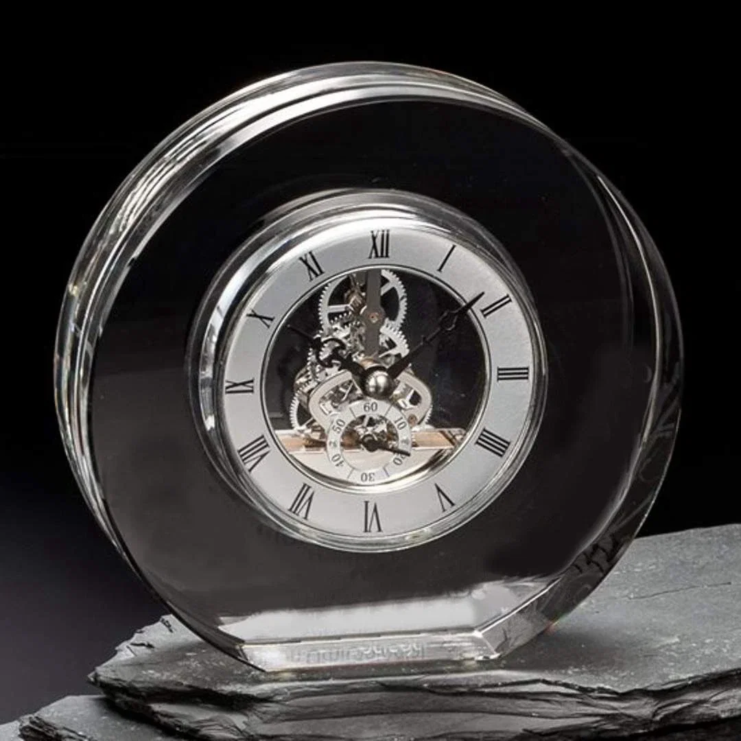 Custom Optical Crystal Round Mantle Clock With Silver Skeleton Movement for service anniversary gifts