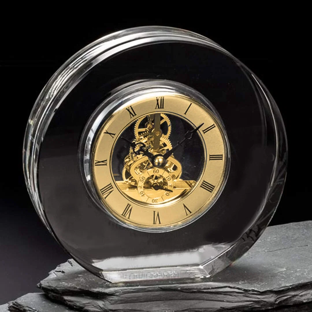 Custom Optical Crystal Round Mantle Clock With Silver Skeleton Movement for sales achievement awards