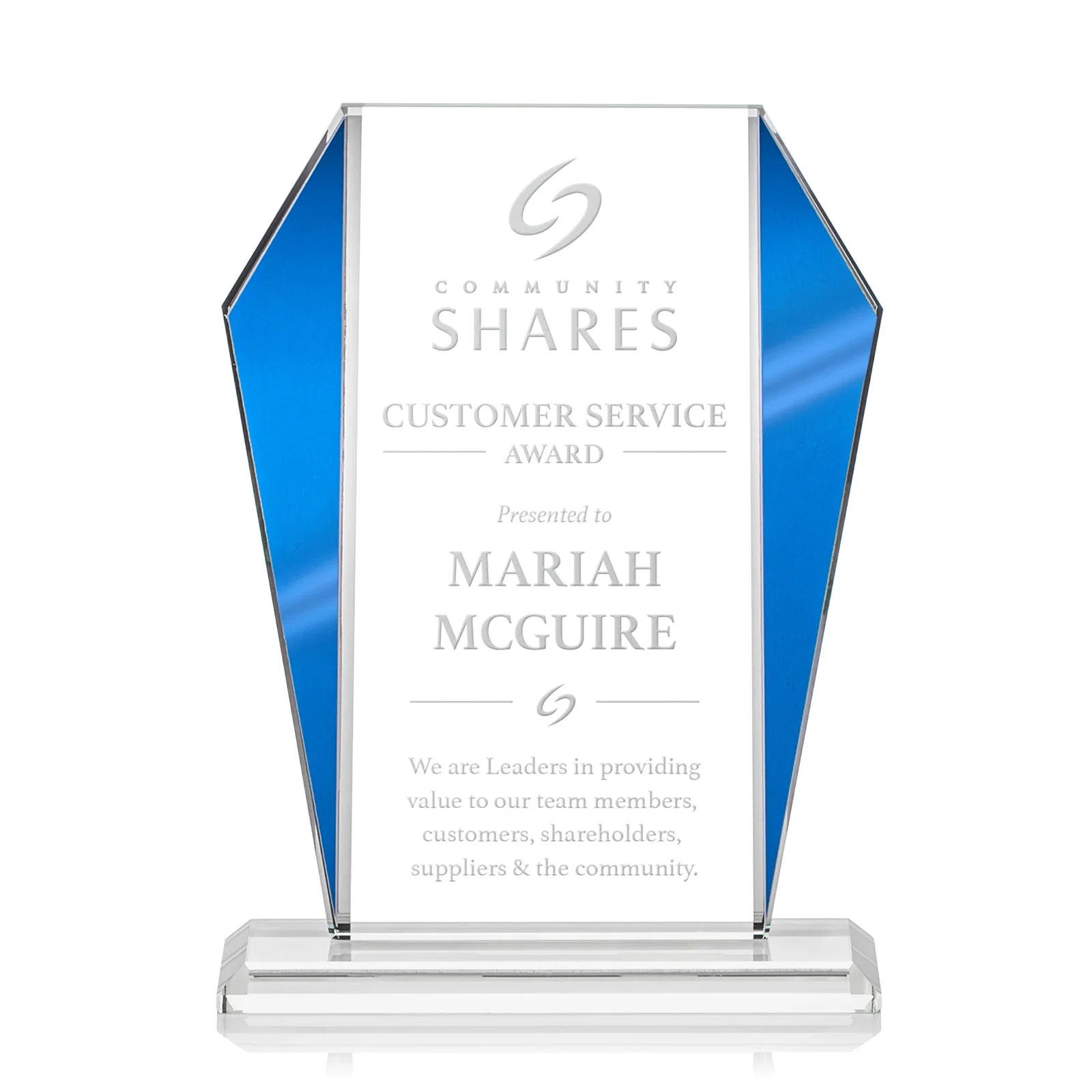 Custom Starfire Crystal Award with Metallic Frame and Mirror Back, awards for donor appreciation