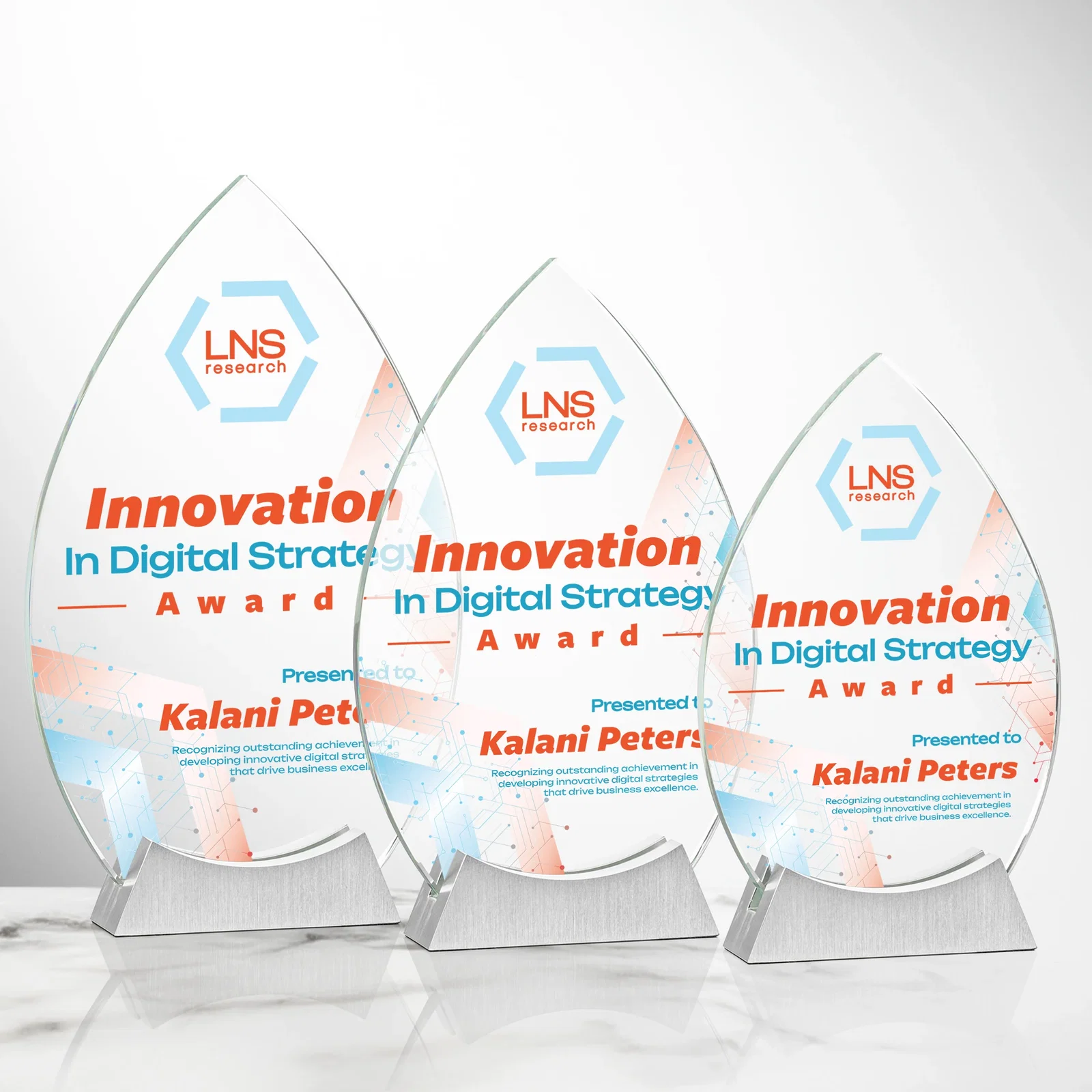 Custom Starfire Crystal Teardrop Award on Brushed Aluminum Base, awards for employee recognition