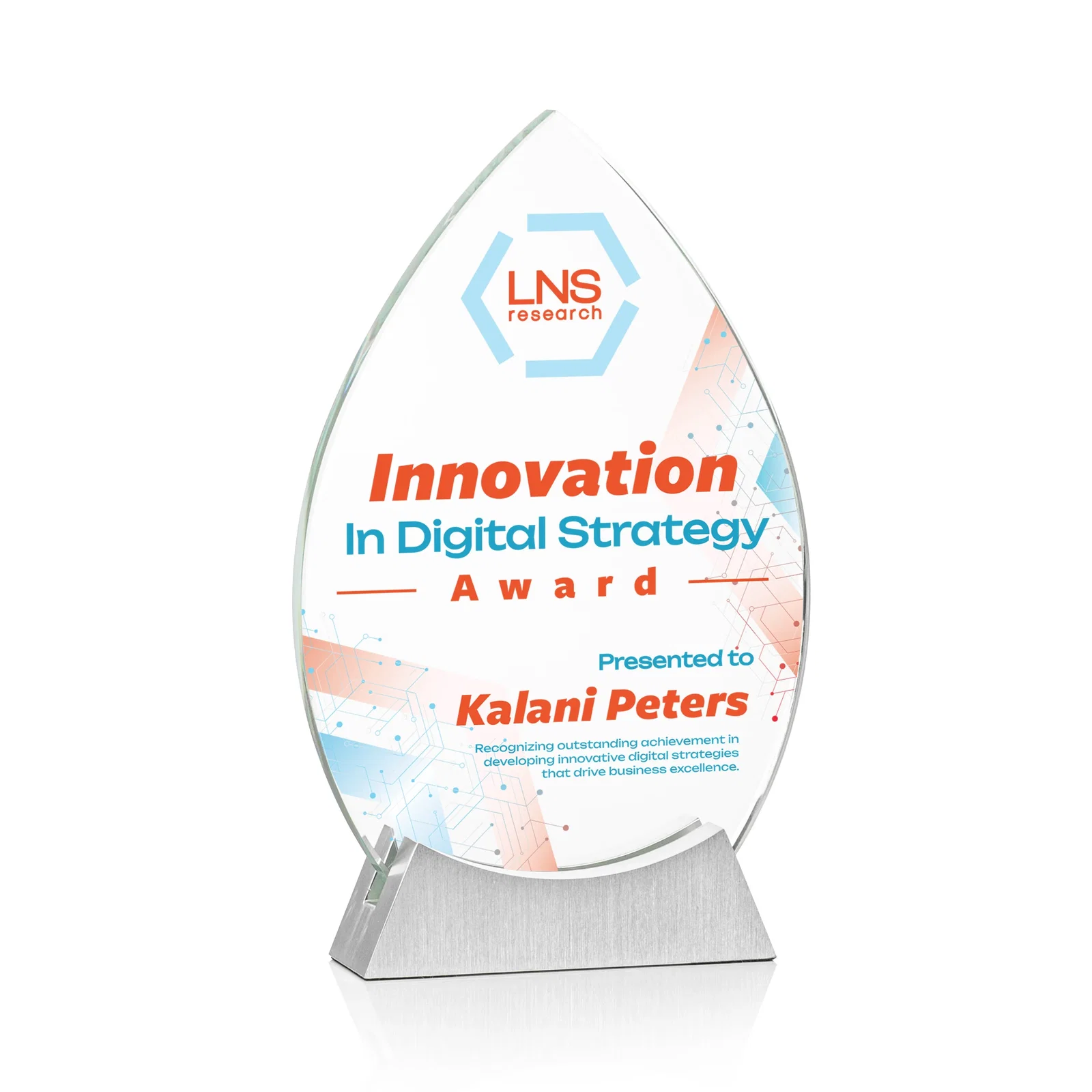 Custom Starfire Crystal Teardrop Award on Brushed Aluminum Base, awards for corporate award ceremonies