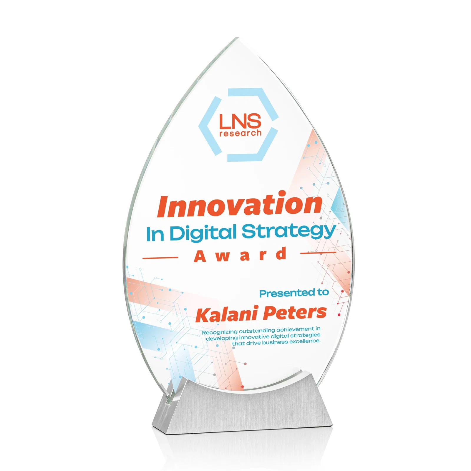 Custom Starfire Crystal Teardrop Award on Brushed Aluminum Base, awards for service anniversary gifts