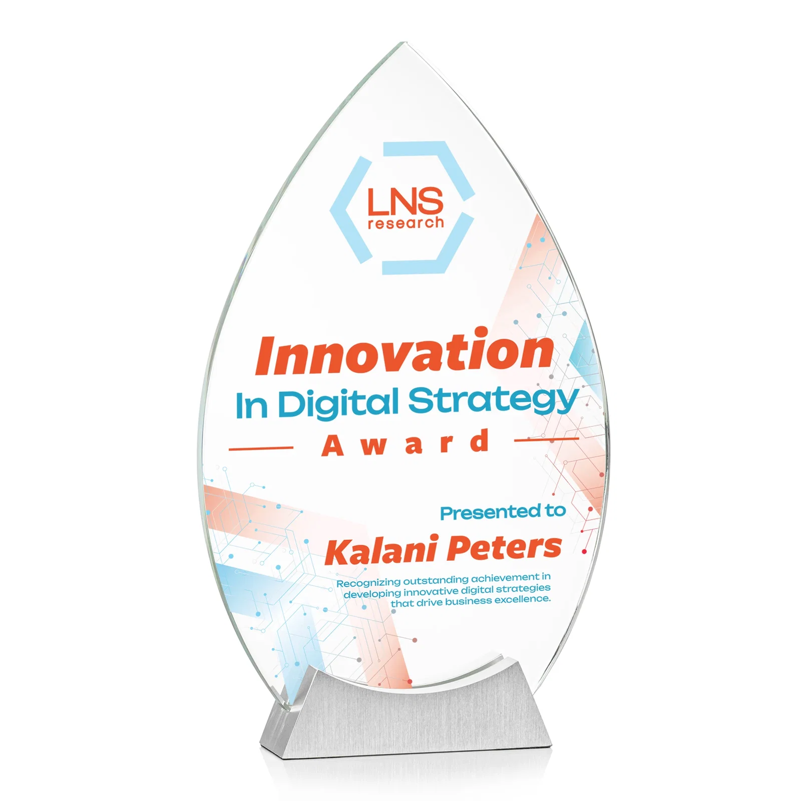 Custom Starfire Crystal Teardrop Award on Brushed Aluminum Base, awards for sales achievement awards