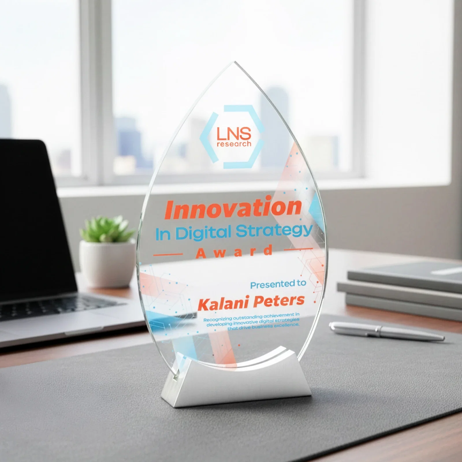 Custom Starfire Crystal Teardrop Award on Brushed Aluminum Base, awards for retirement presentations