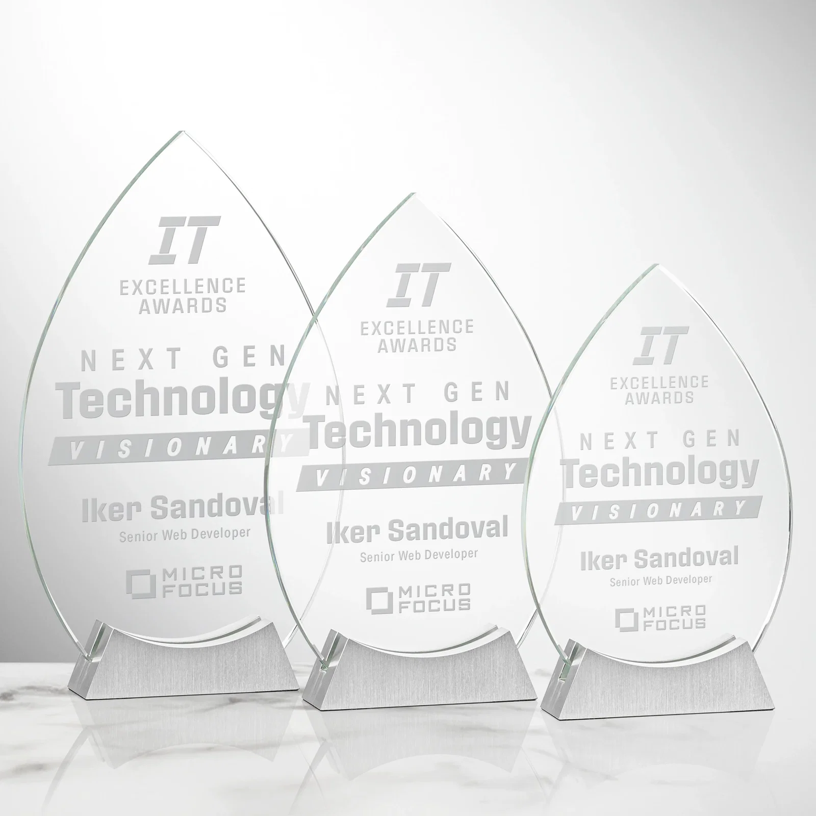 Custom Starfire Crystal Teardrop Award on Brushed Aluminum Base, awards for team milestone celebrations