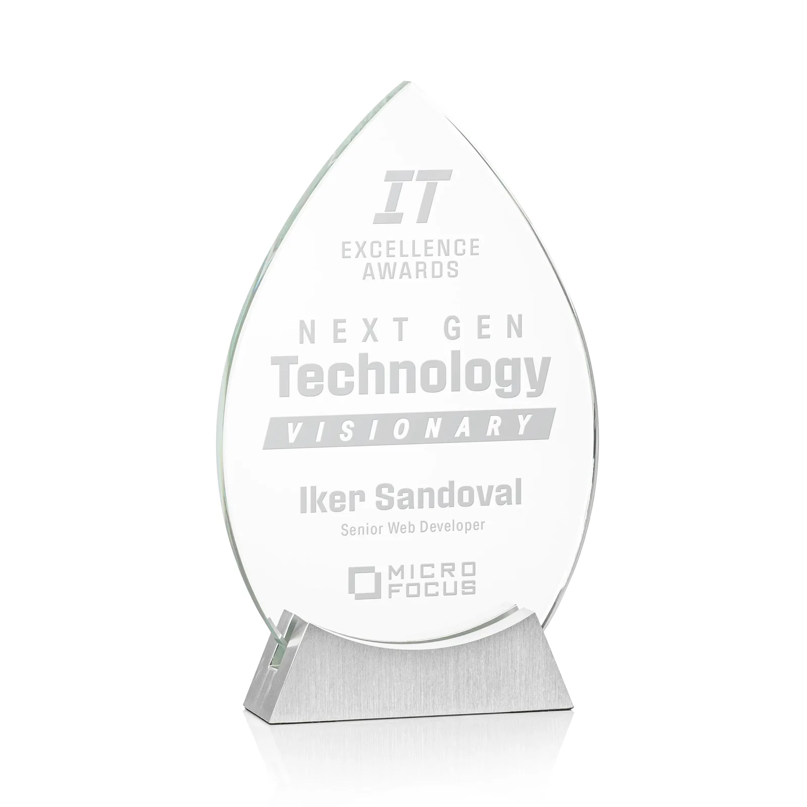 Custom Starfire Crystal Teardrop Award on Brushed Aluminum Base, awards for donor appreciation