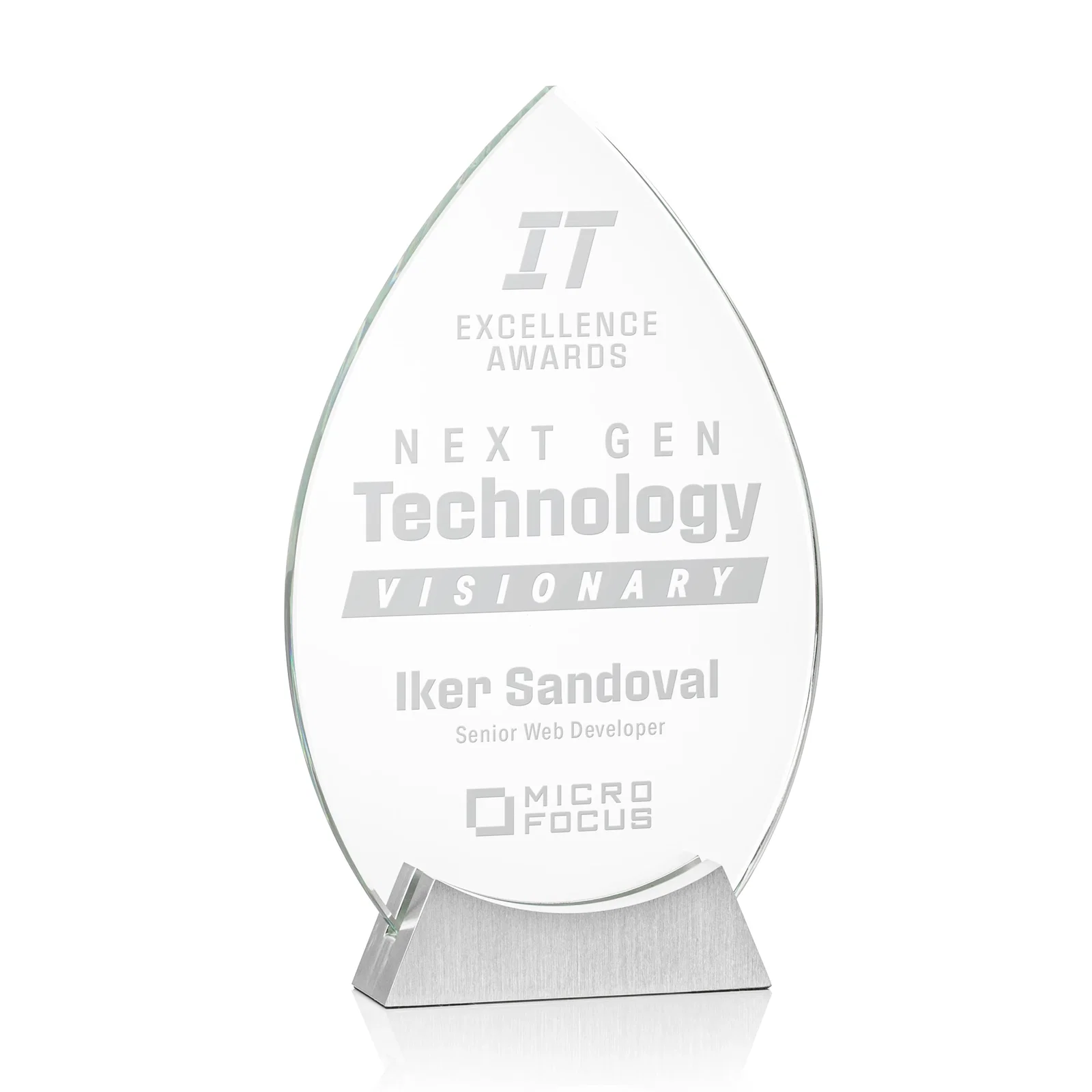 Custom Starfire Crystal Teardrop Award on Brushed Aluminum Base, awards for graduation ceremonies