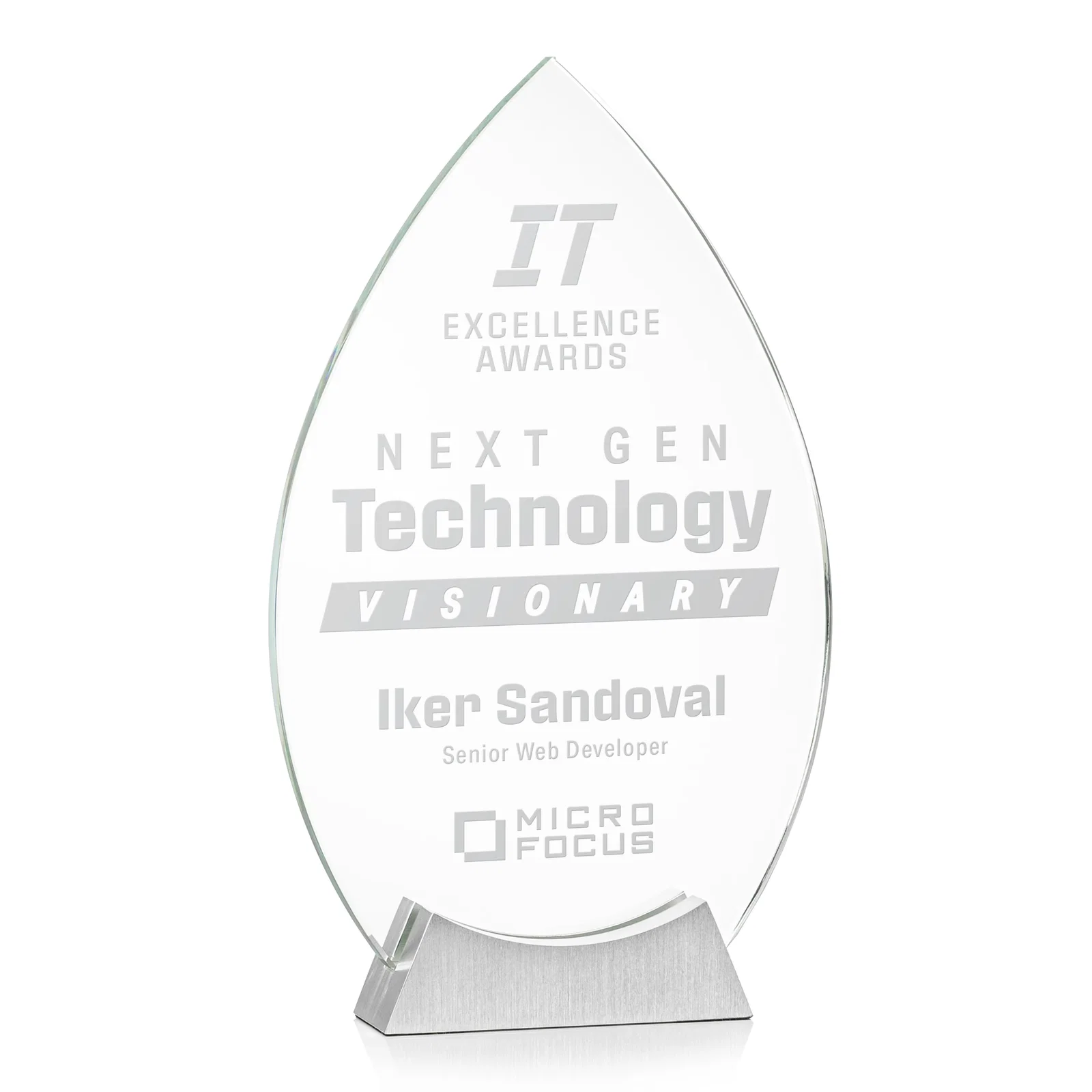 Custom Starfire Crystal Teardrop Award on Brushed Aluminum Base, awards for safety achievement programs