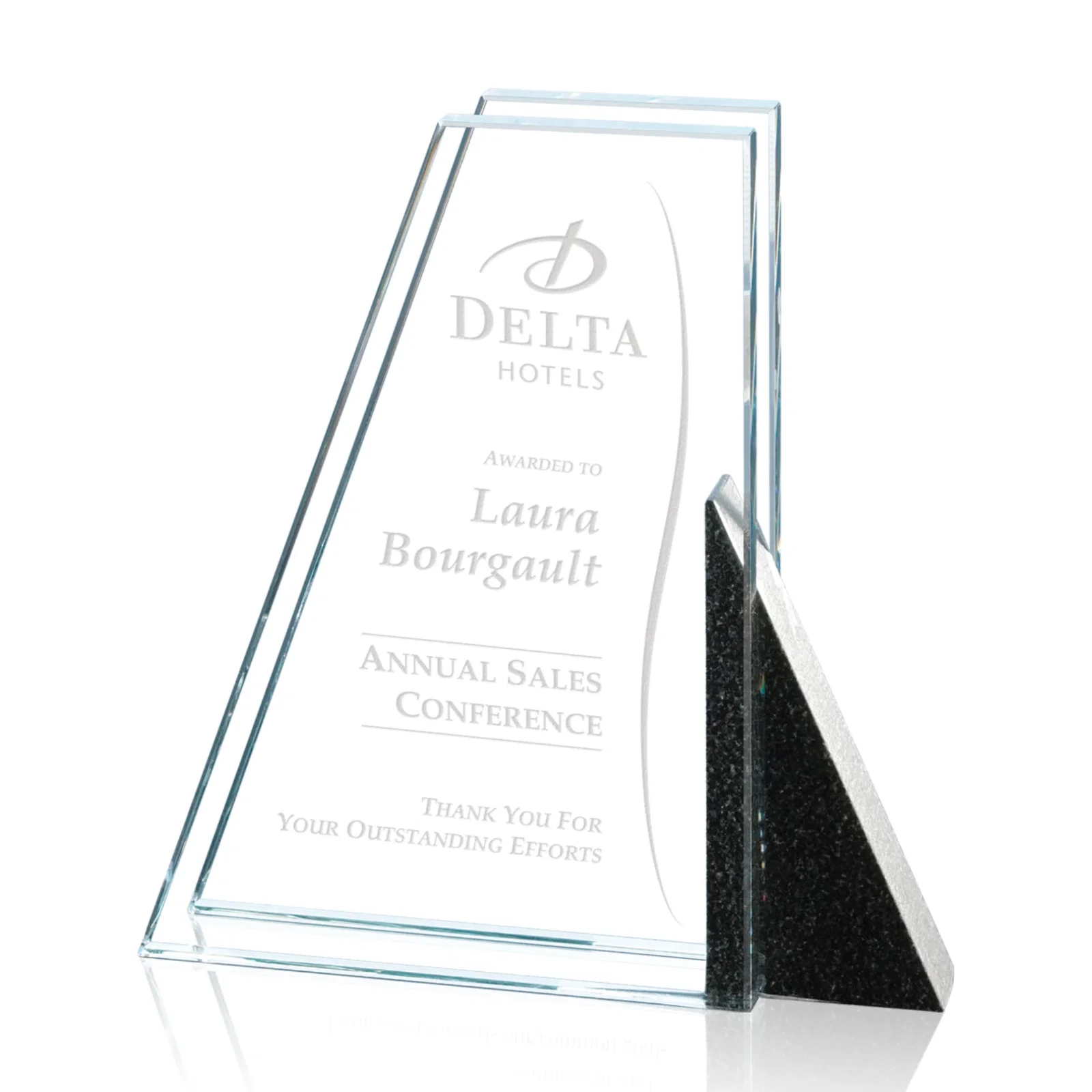Custom Starfire and Granite Triangle Award with Sloped Panels for employee recognition