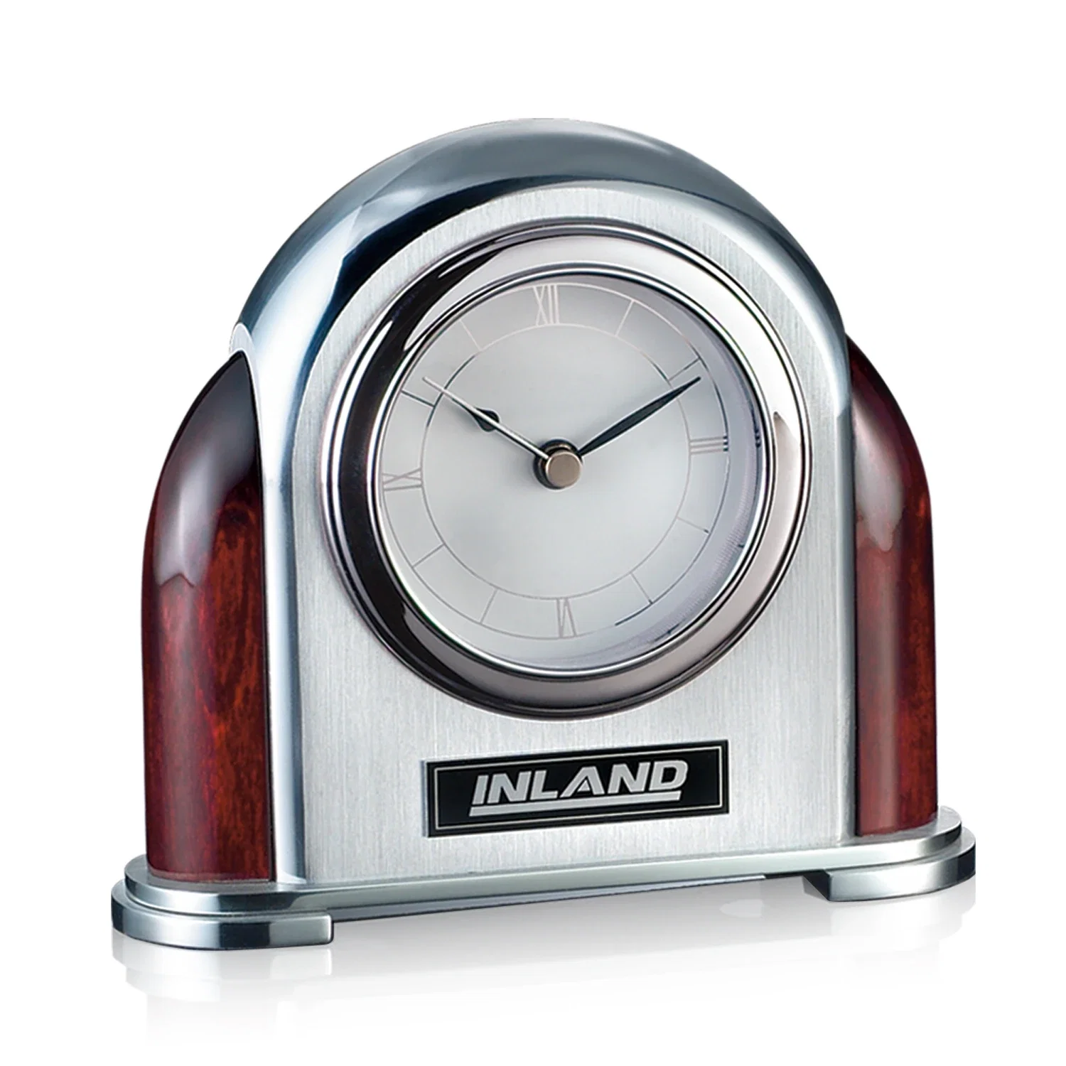 Custom Rosewood and Chrome Desk Clock With Silver-Finished Plate for employee recognition