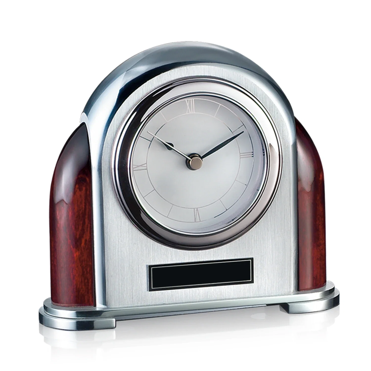 Custom Rosewood and Chrome Desk Clock With Silver-Finished Plate for corporate award ceremonies
