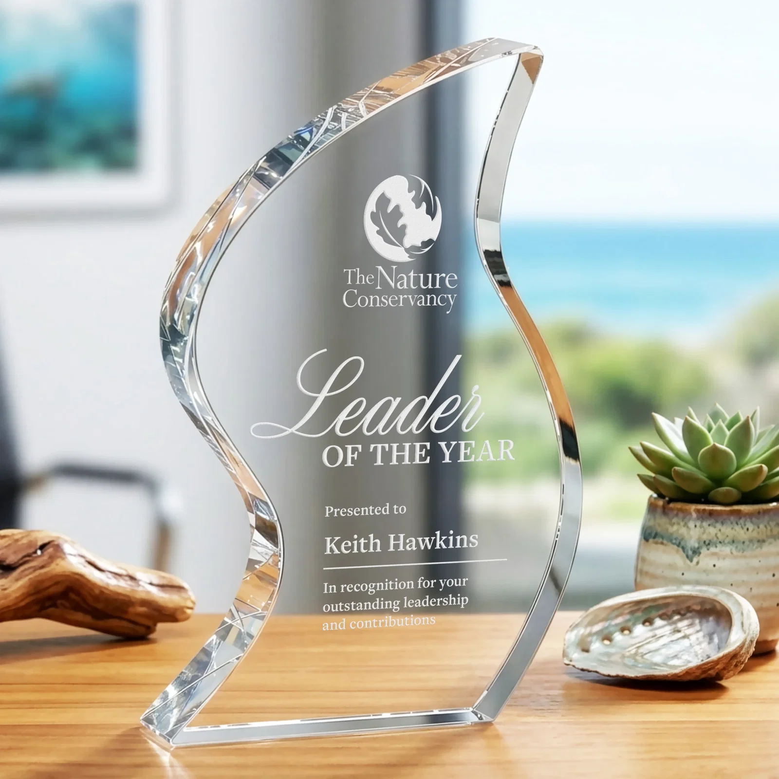 Custom Optical Crystal Award With Twisted Contoured Silhouette, awards for retirement presentations