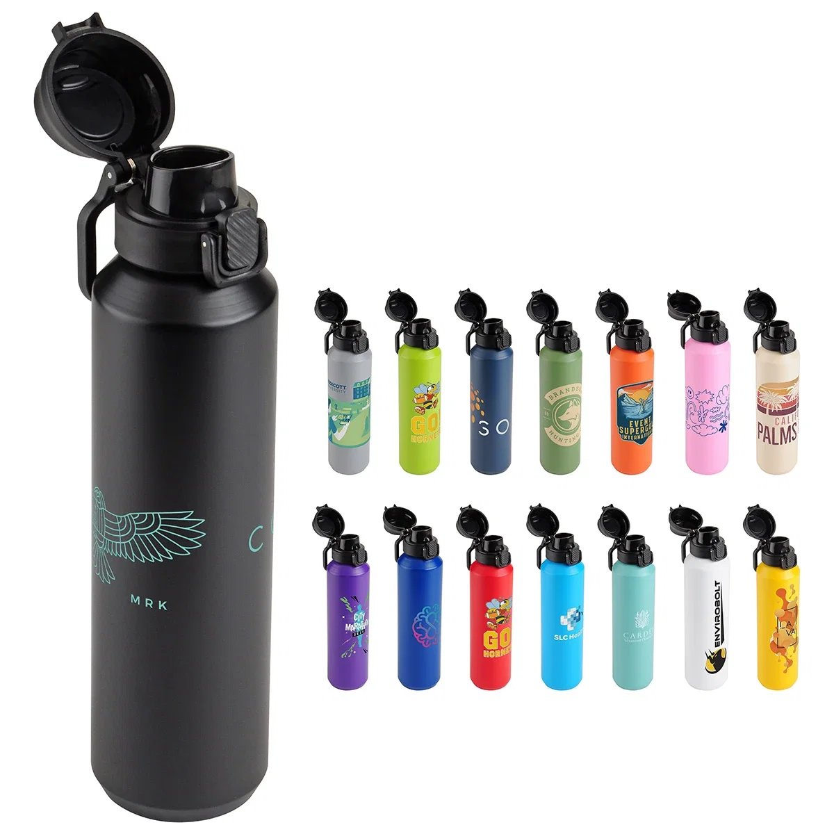 Custom Nexus 27 oz Recycled Aluminum Bottle with Flip-Top Lid and Carabiner, front view of the branded bottle