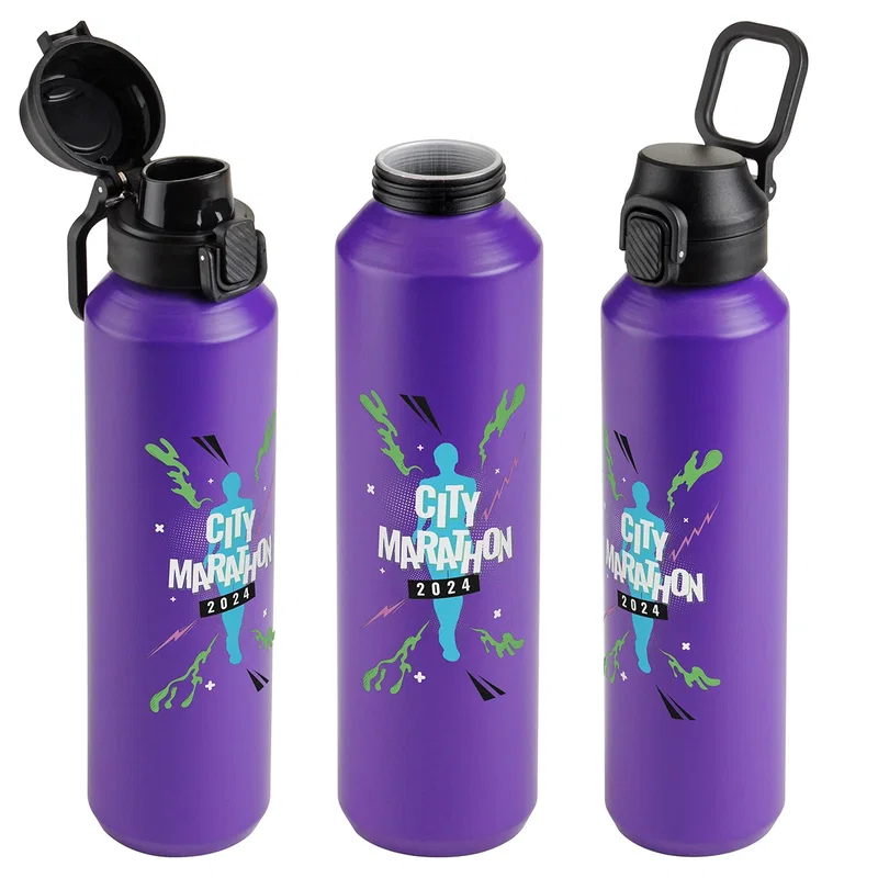 Nexus Aluminum Bottle with Flip-Top Lid and Carabiner clipped to a backpack, lifestyle shot