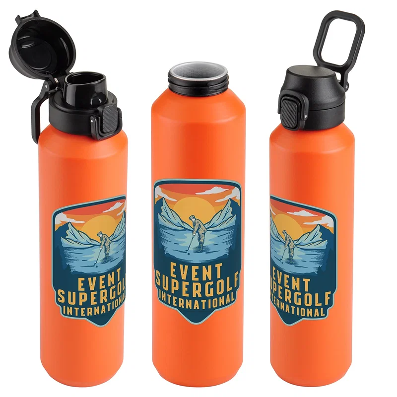 Angled three-quarter view of the custom Nexus 27 oz Recycled Aluminum Bottle