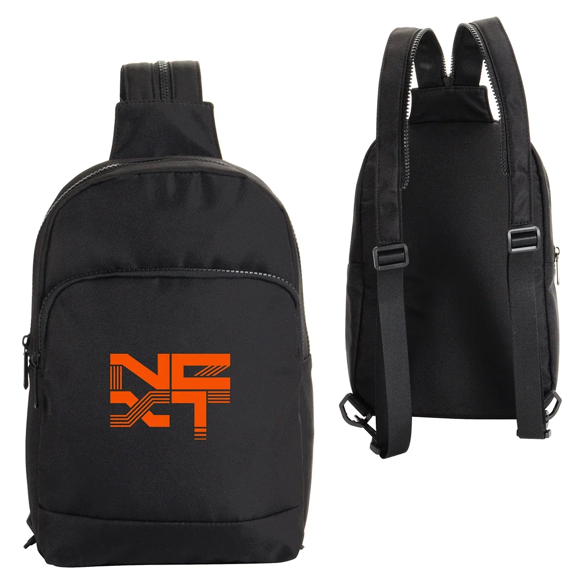 Custom Nexus Split-Strap Microfiber Sling Backpack, front view of the branded sling backpack
