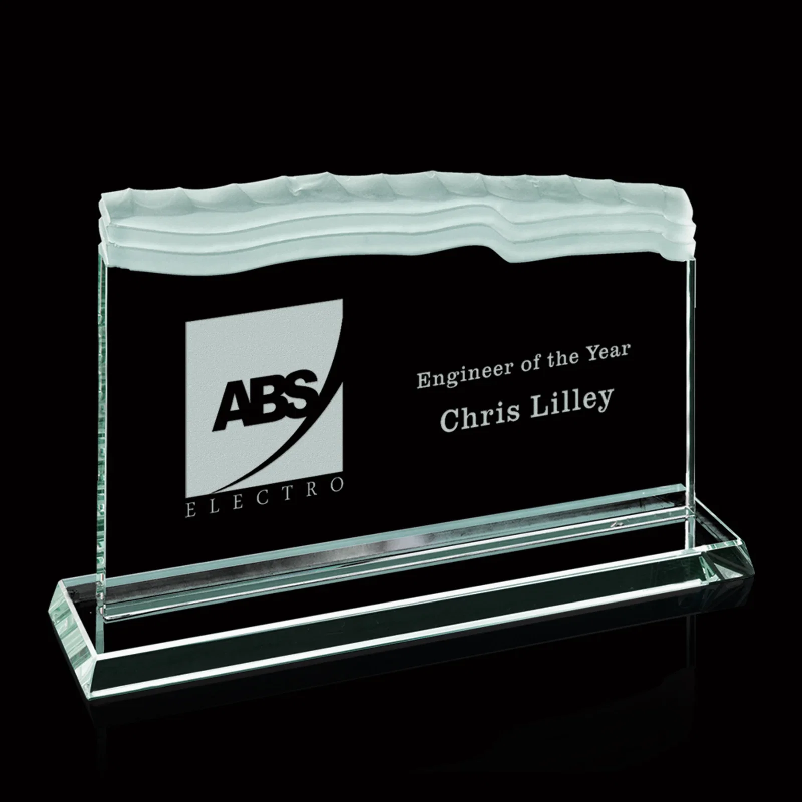 Custom Jade Glass Monolith Award With Green-Tinted Carved Ribbons for employee recognition