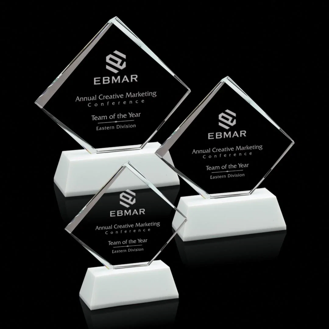 Custom Optical Crystal Diamond Award on White Crystal Base, awards for employee recognition