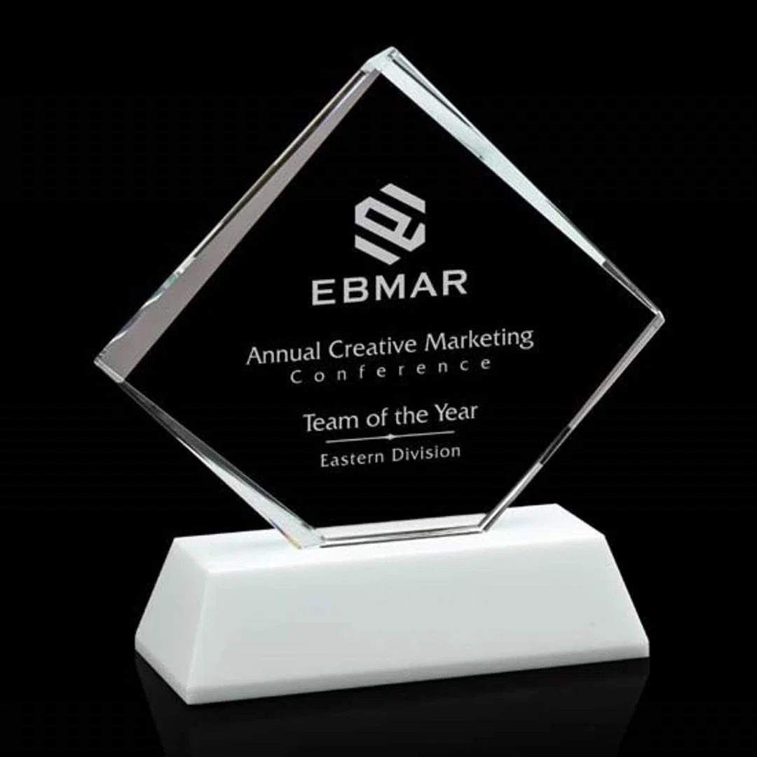 Custom Optical Crystal Diamond Award on White Crystal Base, awards for corporate award ceremonies